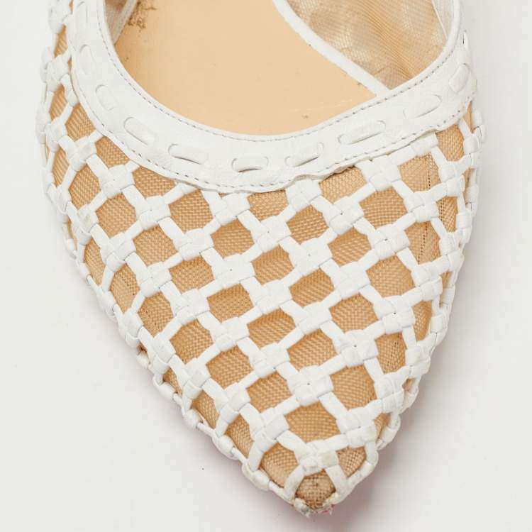 Pre Owned Christian Louboutin White Woven Leather and Mesh Cage Slingback Flats Size 40