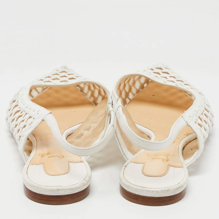 Pre Owned Christian Louboutin White Woven Leather and Mesh Cage Slingback Flats Size 40