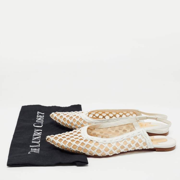 Pre Owned Christian Louboutin White Woven Leather and Mesh Cage Slingback Flats Size 40