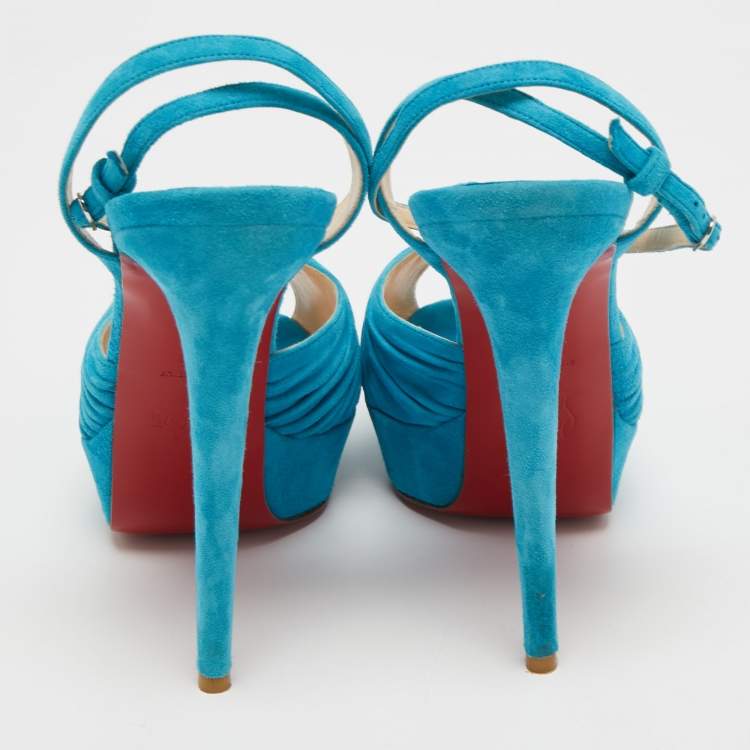 Pre Owned Christian Louboutin Blue Knotted Suede Greissimo Ankle Strap Sandals Size 40.5
