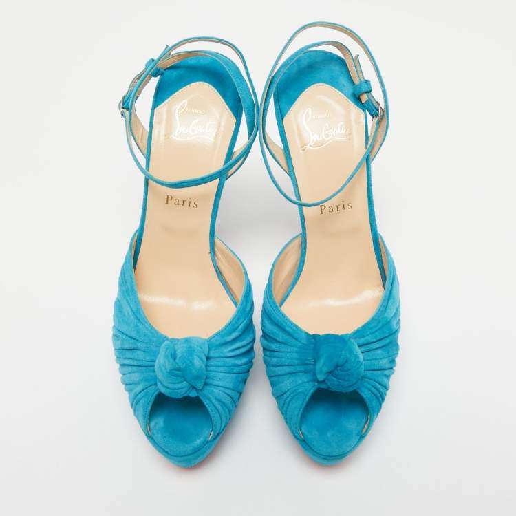 Pre Owned Christian Louboutin Blue Knotted Suede Greissimo Ankle Strap Sandals Size 40.5