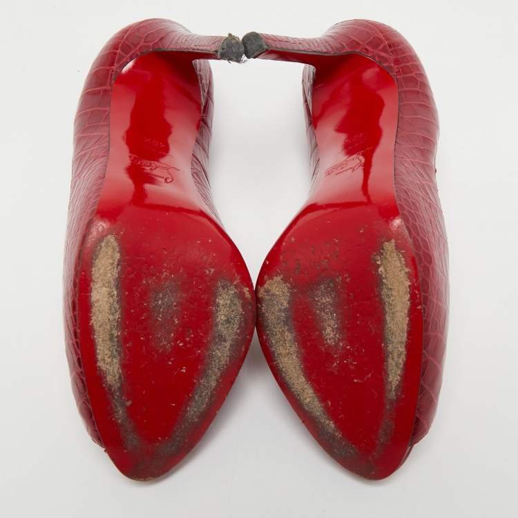 Pre Owned Christian Louboutin Dark Red Croc Embossed Leather Flo Pumps Size 40.5