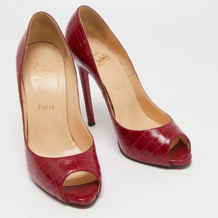Pre Owned Christian Louboutin Dark Red Croc Embossed Leather Flo Pumps Size 40.5