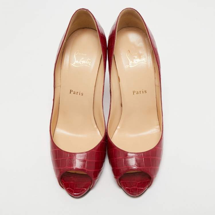 Pre Owned Christian Louboutin Dark Red Croc Embossed Leather Flo Pumps Size 40.5