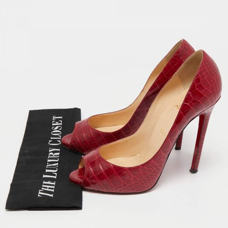 Pre Owned Christian Louboutin Dark Red Croc Embossed Leather Flo Pumps Size 40.5