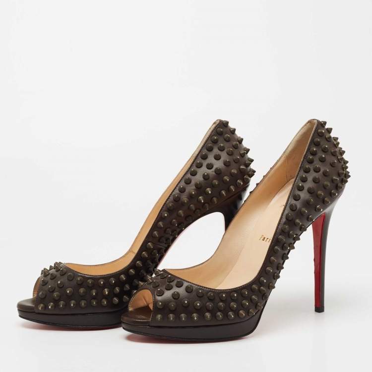 Pre Owned Christian Louboutin Dark Brown Leather Yolanda Spike Pumps Size 41