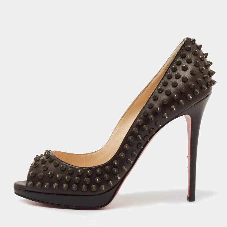 Pre Owned Christian Louboutin Dark Brown Leather Yolanda Spike Pumps Size 41