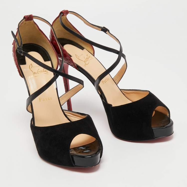 Pre Owned Christian Louboutin Black/Dark Red Leather, Suede and Python Cross Me Sandals Size 40.5