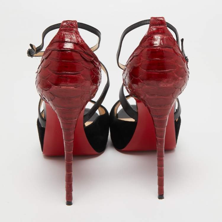 Pre Owned Christian Louboutin Black/Dark Red Leather, Suede and Python Cross Me Sandals Size 40.5