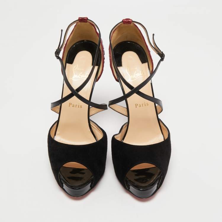 Pre Owned Christian Louboutin Black/Dark Red Leather, Suede and Python Cross Me Sandals Size 40.5