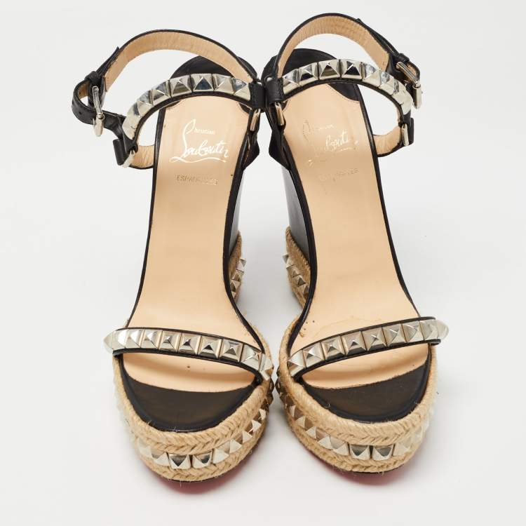 Pre Owned Christian Louboutin Black Leather Pyraclou Espadrille Wedge Sandals Size 41