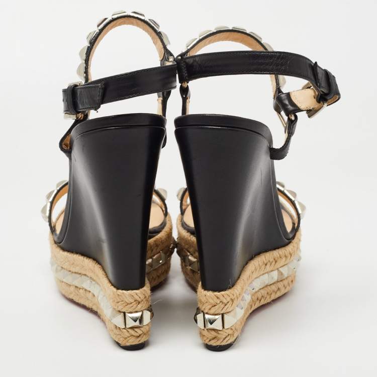 Pre Owned Christian Louboutin Black Leather Pyraclou Espadrille Wedge Sandals Size 41