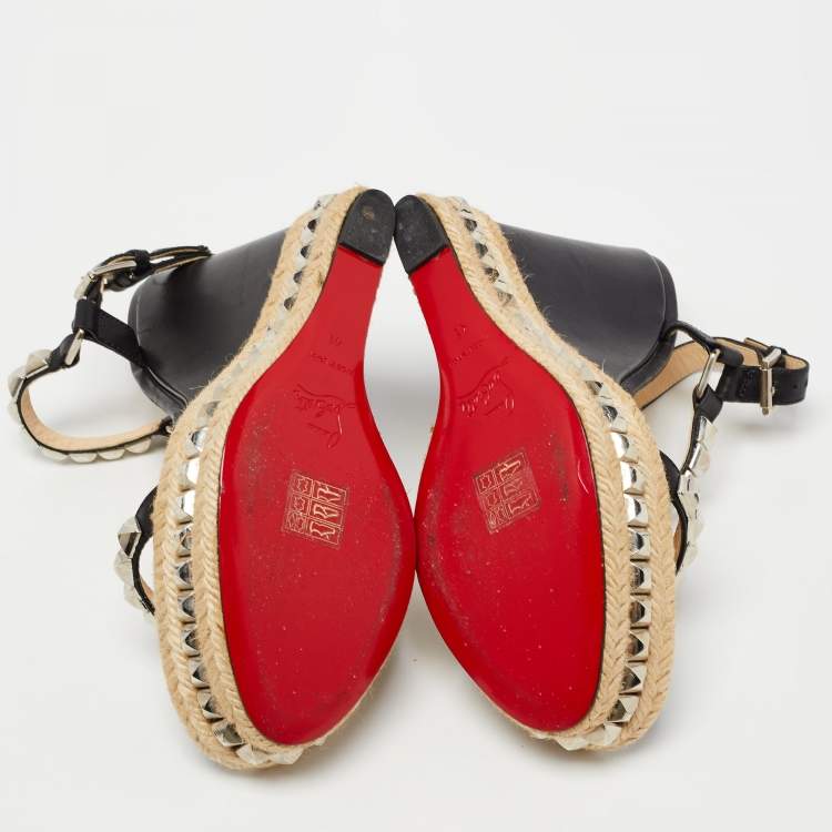 Pre Owned Christian Louboutin Black Leather Pyraclou Espadrille Wedge Sandals Size 41