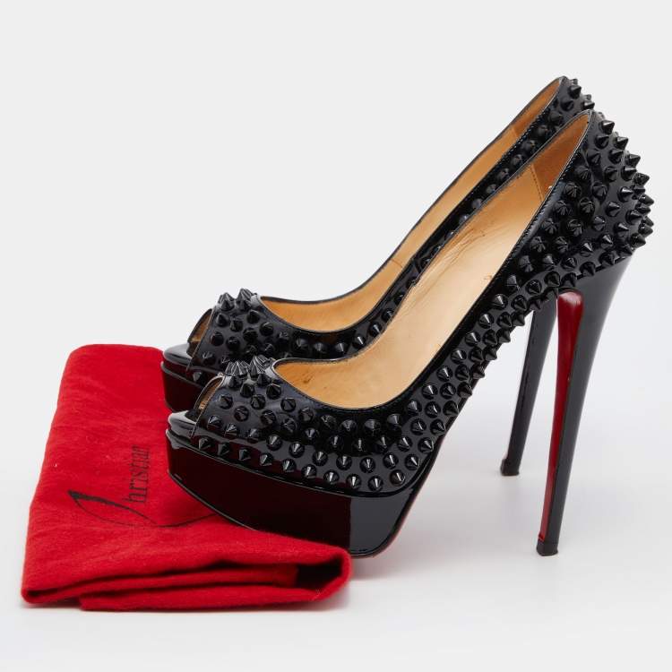 Pre Owned Christian Louboutin Black Patent Lady Peep Spikes Platform Pumps Size 36.5