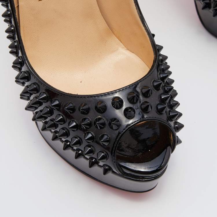 Pre Owned Christian Louboutin Black Patent Lady Peep Spikes Platform Pumps Size 36.5