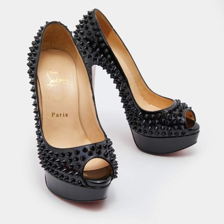 Pre Owned Christian Louboutin Black Patent Lady Peep Spikes Platform Pumps Size 36.5