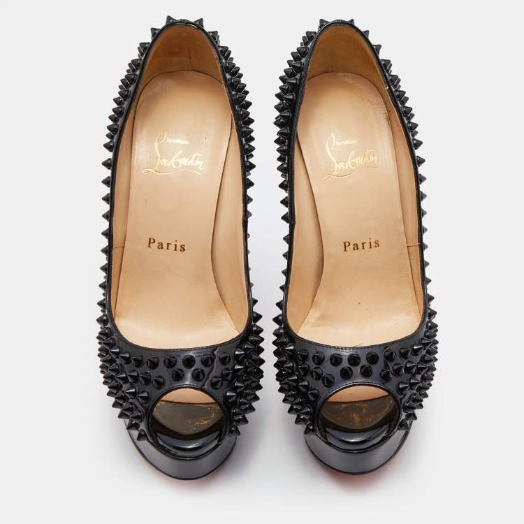 Pre Owned Christian Louboutin Black Patent Lady Peep Spikes Platform Pumps Size 36.5