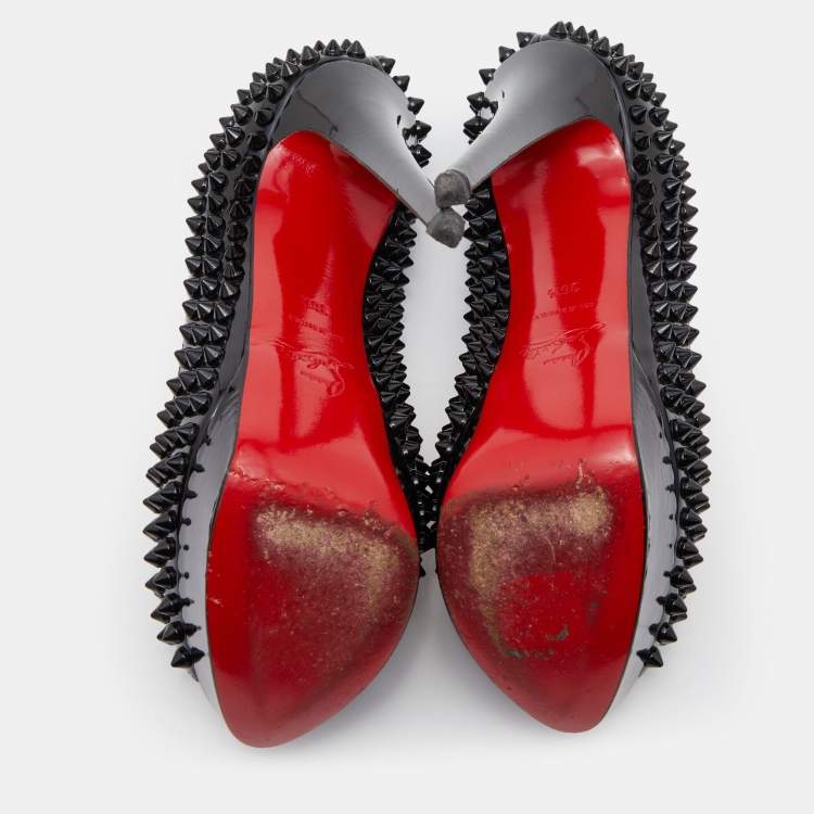 Pre Owned Christian Louboutin Black Patent Lady Peep Spikes Platform Pumps Size 36.5