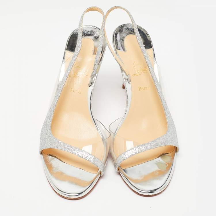 Pre Owned Christian Louboutin Silver Glitter and PVC Optisling Slingback Sandals Size 40