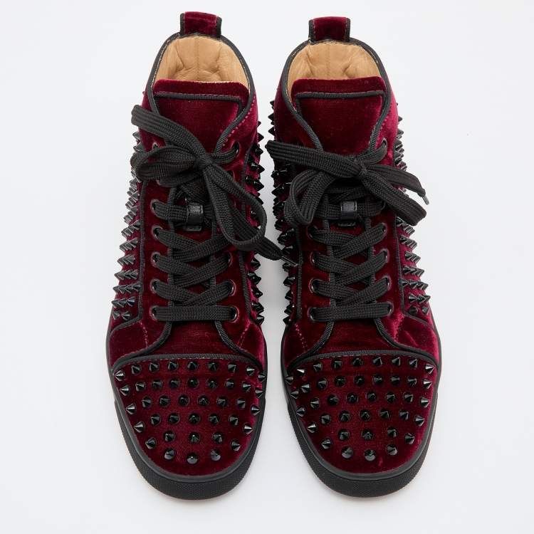 Pre Owned Christian Louboutin Burgundy Velvet Louis Junior Spikes High Top Sneakers Size 39.5