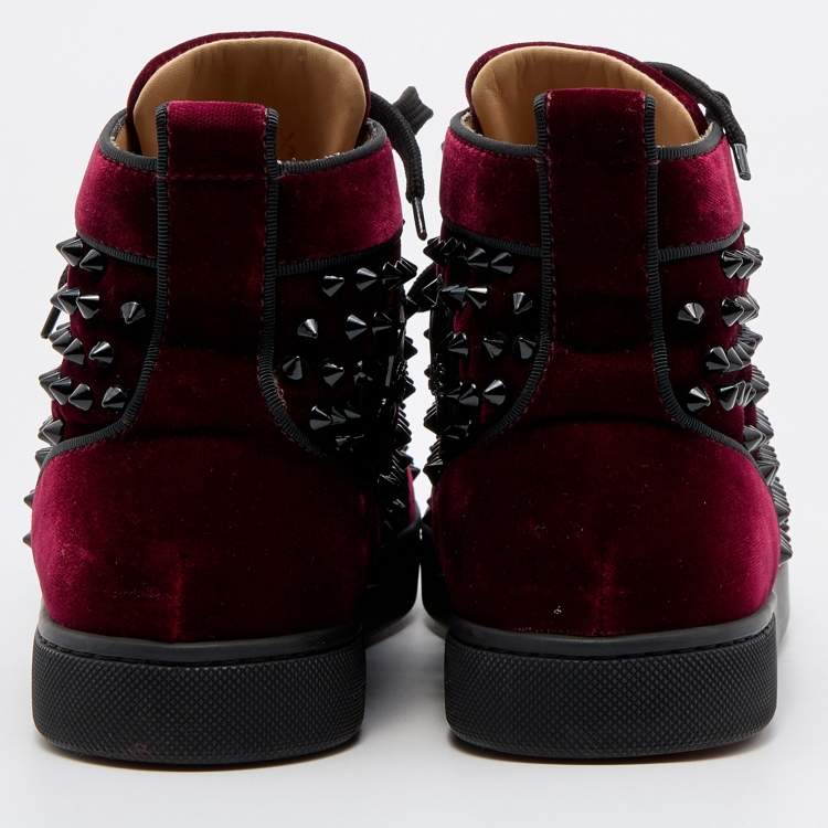 Pre Owned Christian Louboutin Burgundy Velvet Louis Junior Spikes High Top Sneakers Size 39.5