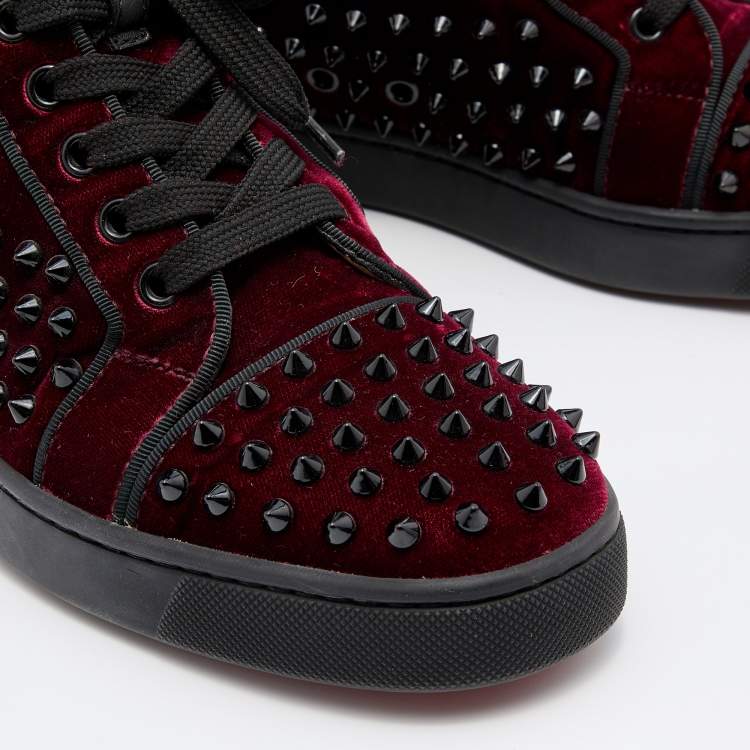 Pre Owned Christian Louboutin Burgundy Velvet Louis Junior Spikes High Top Sneakers Size 39.5
