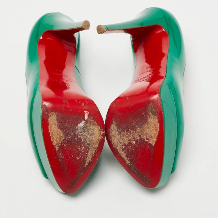 Pre Owned Christian Louboutin Green Patent Leather Lady Peep Pumps Size 38
