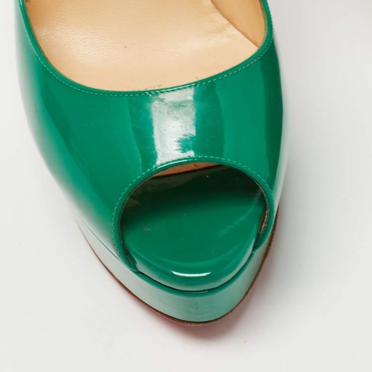 Pre Owned Christian Louboutin Green Patent Leather Lady Peep Pumps Size 38
