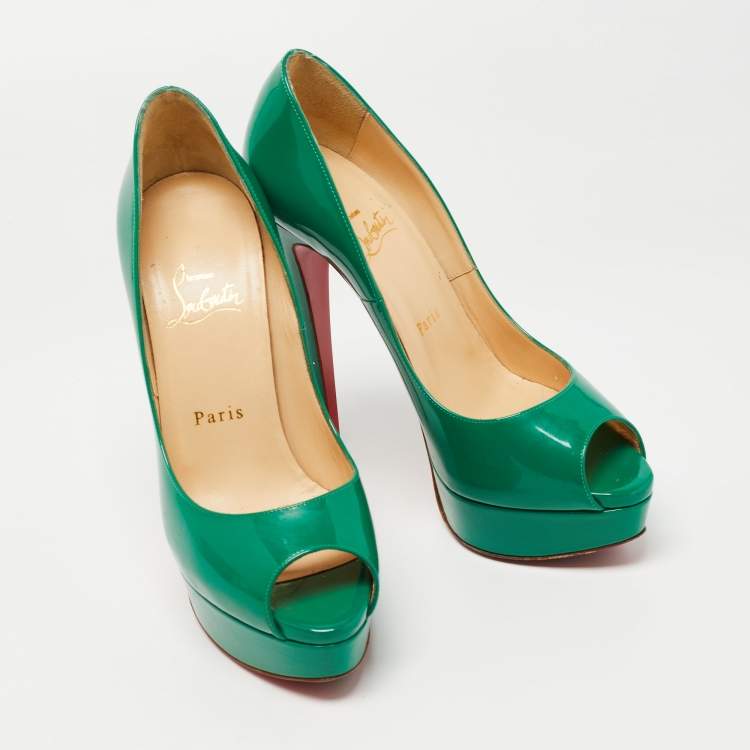 Pre Owned Christian Louboutin Green Patent Leather Lady Peep Pumps Size 38