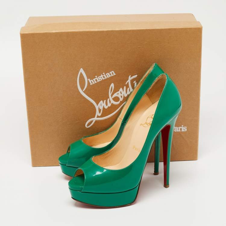 Pre Owned Christian Louboutin Green Patent Leather Lady Peep Pumps Size 38