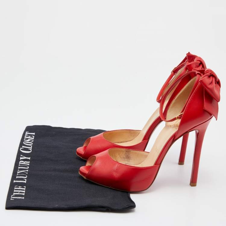 Pre Owned Christian Louboutin Red Leather Dos Noeud Bow Ankle Strap Pumps Size 36.5