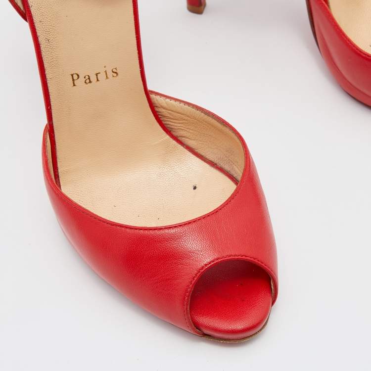 Pre Owned Christian Louboutin Red Leather Dos Noeud Bow Ankle Strap Pumps Size 36.5