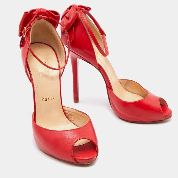 Pre Owned Christian Louboutin Red Leather Dos Noeud Bow Ankle Strap Pumps Size 36.5