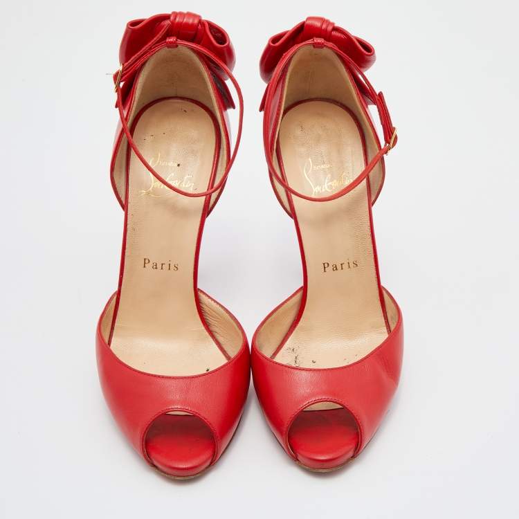 Pre Owned Christian Louboutin Red Leather Dos Noeud Bow Ankle Strap Pumps Size 36.5