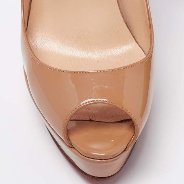 Pre Owned Christian Louboutin Beige Patent Leather Lady Peep Pumps Size 40.5