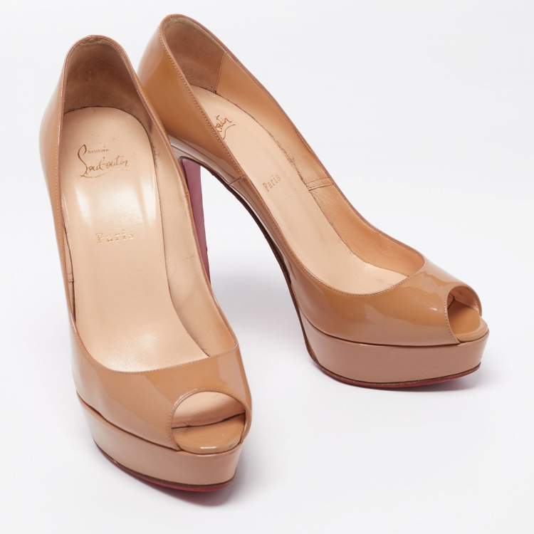 Pre Owned Christian Louboutin Beige Patent Leather Lady Peep Pumps Size 40.5