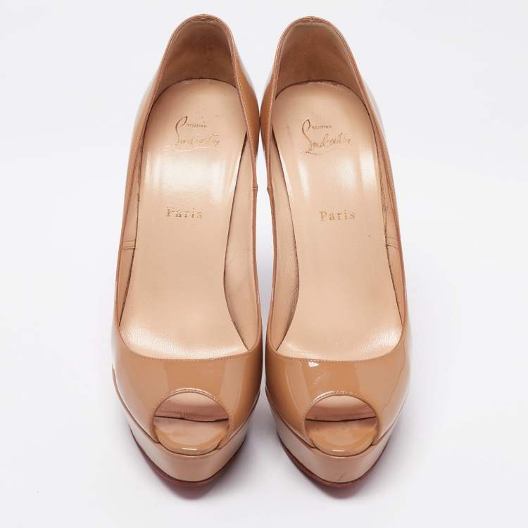Pre Owned Christian Louboutin Beige Patent Leather Lady Peep Pumps Size 40.5