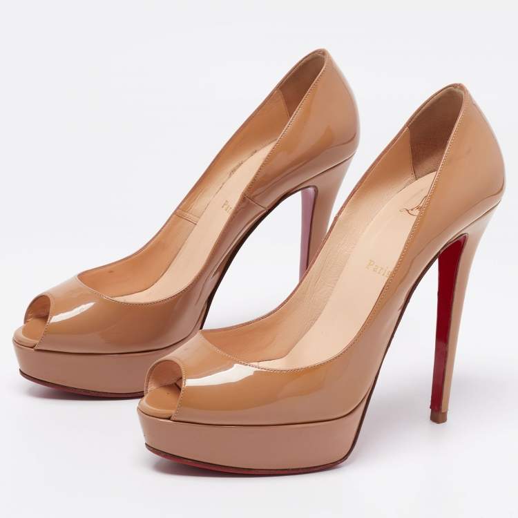 Pre Owned Christian Louboutin Beige Patent Leather Lady Peep Pumps Size 40.5