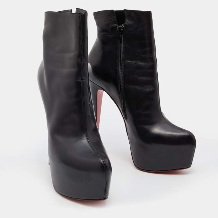 Pre Owned Christian Louboutin Black Leather Platform Ankle Length Boots Size 41