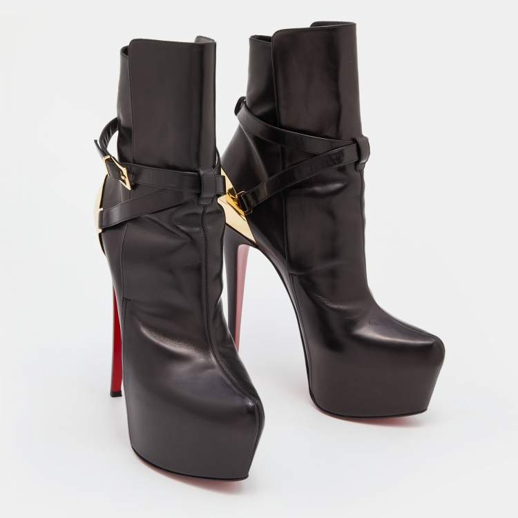 Pre Owned Christian Louboutin Black Leather Equestria Platform Ankle Length Boots Size 40