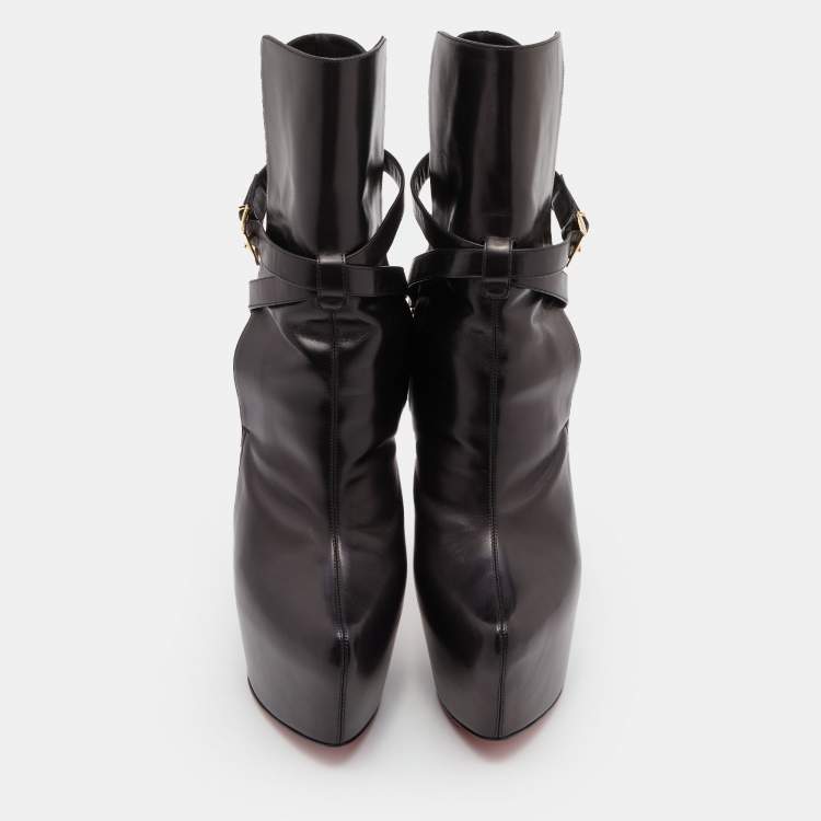 Pre Owned Christian Louboutin Black Leather Equestria Platform Ankle Length Boots Size 40