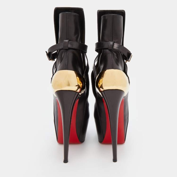 Pre Owned Christian Louboutin Black Leather Equestria Platform Ankle Length Boots Size 40