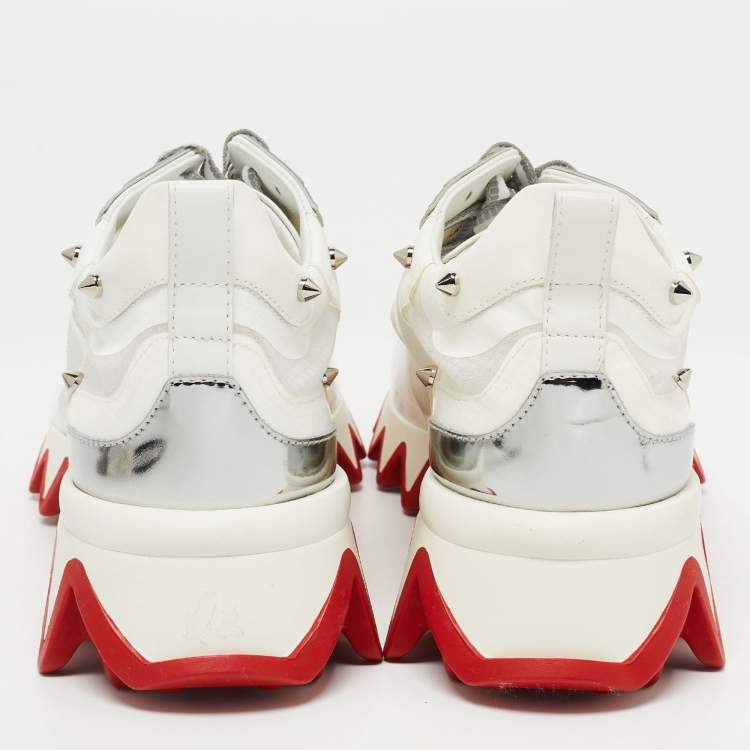 Pre Owned Christian Louboutin White/Silver Patent and Mesh  Loubi Shark Sneakers Size 37.5