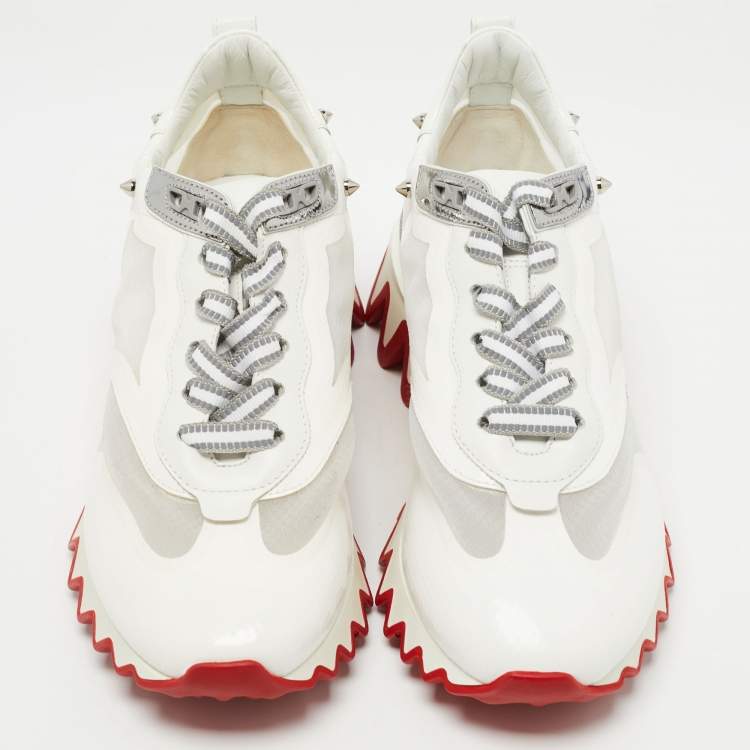 Pre Owned Christian Louboutin White/Silver Patent and Mesh  Loubi Shark Sneakers Size 37.5