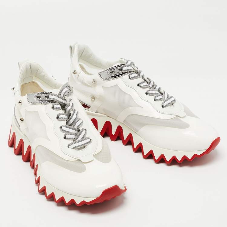 Pre Owned Christian Louboutin White/Silver Patent and Mesh  Loubi Shark Sneakers Size 37.5