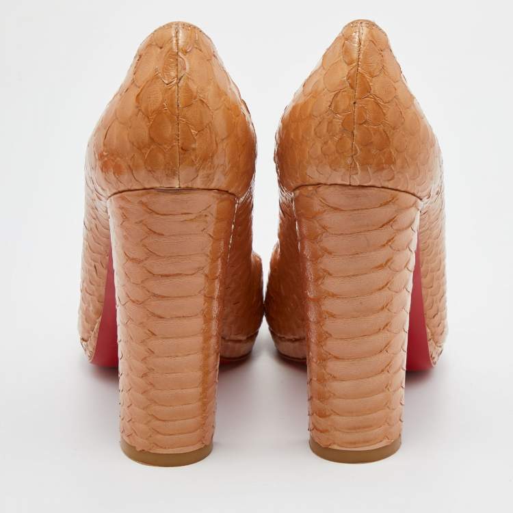 Pre Owned Christian Louboutin Beige Crystal Python Grapi Platform Pumps Size 38.5