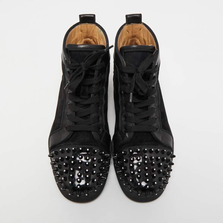 Pre Owned Christian Louboutin Black Suede and Leather Louis Spikes High Top Sneakers Size 38