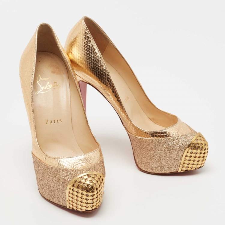 Pre Owned Christian Louboutin Maggie Glitter & Snakeskin Embossed Leather Platform Pumps Size 36.5