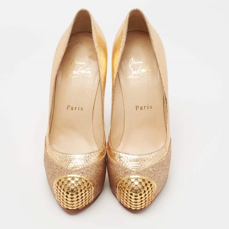 Pre Owned Christian Louboutin Maggie Glitter & Snakeskin Embossed Leather Platform Pumps Size 36.5