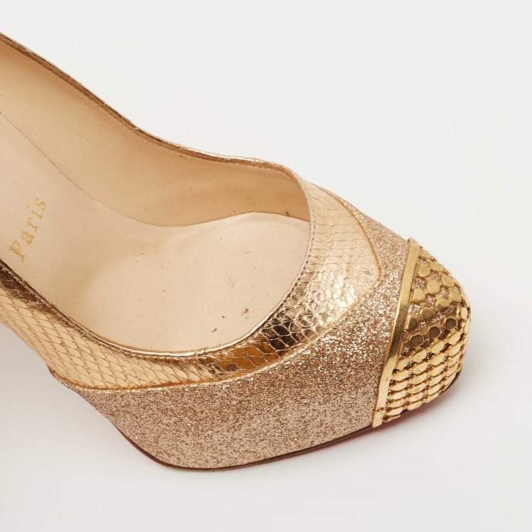 Pre Owned Christian Louboutin Maggie Glitter & Snakeskin Embossed Leather Platform Pumps Size 36.5
